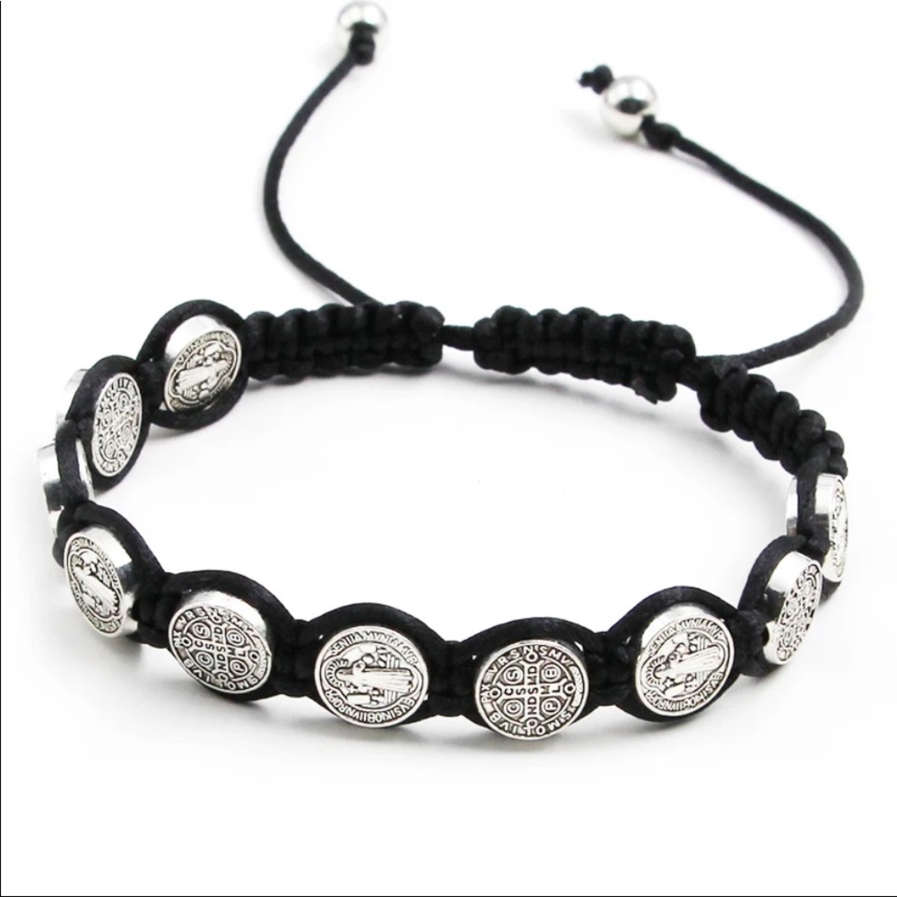 Hand made St Benedict medal braided Rosary coin beaded cross bracelet religious